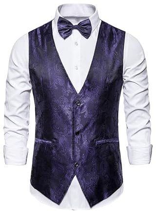 EFOFEI Uomo Gilet Business Monopetto Slim Fit Collo a V Gilet Floreale Button Down Viola L