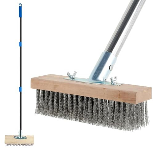 50 Stainless Steel Wire Broom Deck Scrub Brush with Long Handle, Heavy Duty Stiff Metal Bristle Brush, Outdoor Metal Floor Scrubber for Cleaning Moss, Tough Stains on Concrete