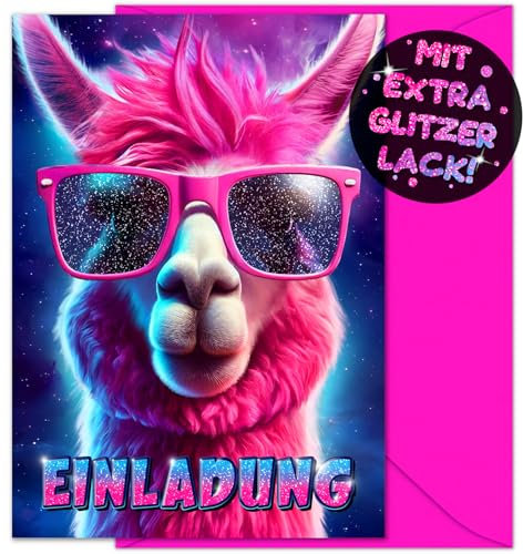 VULAVA 12x GLITZER Lama EINLADUNGSKARTEN KINDERGEBURTSTAG Mädchen Junge + 12x Umschläge - die Alpaka PARTY Karten sind die Lama EINLADUNG für Mädchen Kinder GEBURTSTAG Einladung Pferde Einhorn