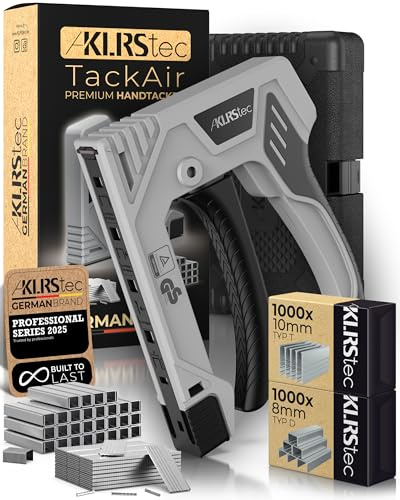 KLRStec TackAir Premium Handtacker Set - Innovative Tackerpistole mit Fingerzug – Holztacker & Möbeltacker – Staple Gun inkl. 2000 Tackerklammern Typ D & T – Ergonomisch, robust & langlebig