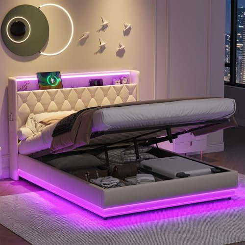 Upholstered Bed Frame with Hydraulic Lift and LED Button Tufted Headboard, 5ft King Size Bed Frame with LED Lighting and Charging Station, Linen Functional Ottoman Storage Bed, No Mattress, Beige