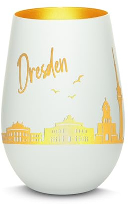 Gravur-Max Windlicht mit 360° Gravur Skyline Dresden Deko Glaslicht als tolles Geschenk mit Einer hochwertigen Lasergravur zu jedem Anlass in der Farbe Weiß/Gold