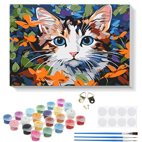 RICUVED Chat Fleur Peinture par Numéros Kit 20x30cm pour Débutants avec Cadre en Bois –Animaux Peinture Par Numéros Pour Adulte Enfants Kit DIY Pinceaux, Peintures Décoration Murale
