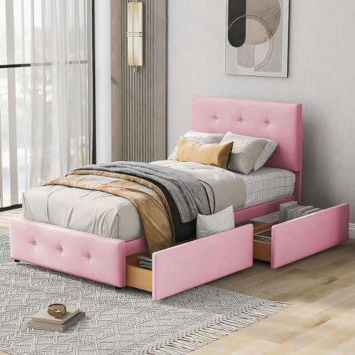 Lcoho Polsterbett(90 x 200 cm) Bett mit Lattenrost, Rückenlehne und Zwei Schubladen, hautfreundlicher Samtstoff flaches, Kinderbett Jugendbett Gästebett (ohne Matratze) (Pink)