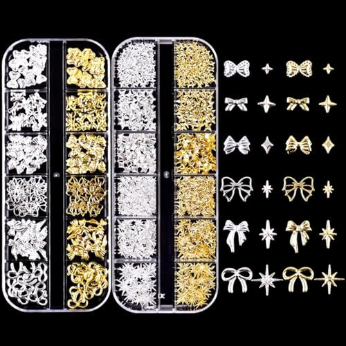 3D Nail Charms, 2 Boxes Gold Silver Bow Star Nail Stuff, Nail Gems Rhinestones Charms, Metal Assorted Styles Bows Stars Pearls Nail Art Charms for Women Girls Nail Art DIY Accessories