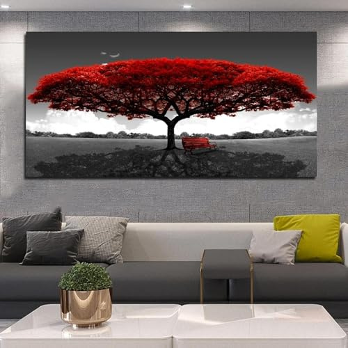 JACBON Grande toile moderne représentant un banc d'arbre rouge, affiche murale, décoration d'intérieur, 70 x 140 cm (28 x 55 pouces), cadre intérieur
