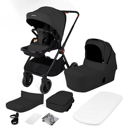 BabyVoyage Kombikinderwagen 2-in-1 ohne Babyschale – Babywanne & Sportsitz, Räder 360° Stoßdämpfer, Federung, höhenverstellbarer Griff, Faltbar, Zubehö-Schwarz