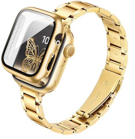 G-ficu Slim Metal Straps with Case Compatible with Apple Watch Straps Women 41mm with Screen Protector, Thin Stainless Steel Band, Adjustable iWatch Strap for Apple Watch Strap Series 9 8 7, Gold