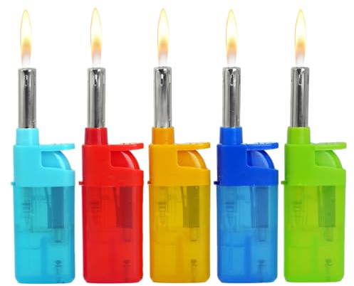 Komfort Feuerzeug 5er Pack – Ergonomisch - Barrierefrei - Seniorengerecht– Nachfüllbare Piezo Gasanzünder mit Leichtbedienung – Transparent & Farbig – Für Kerzen, Grill & Outdoor