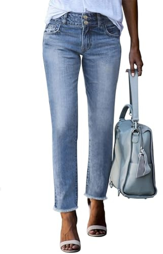 Sidefeel Women's Straight Leg Jeans Raw Hem Denim Pants Sky Blue Size 6