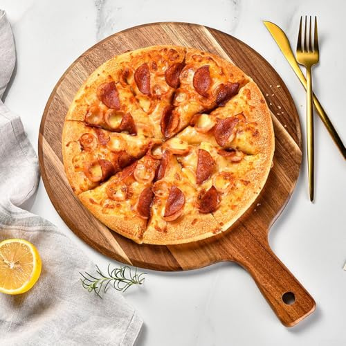 Tagliere rotondo in legno per pizza con manico, piatto per pizza in legno di acacia e taglio funzionale e servizio