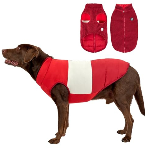 Arblina Hundemantel, Wasserdichter Wintermantel Hund mit Fleece-Futterung für Mittelgroße & Große Hunde, Zweiseitig Tragbarer Winterjacke Hund mit ReißVerschluss, Rot, M