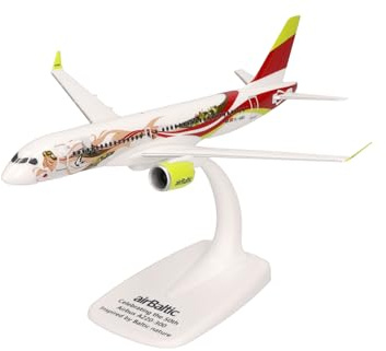 Herpa SnapFit Airplane Model Airbus A220-300 airBaltic YL-ABX | scale 1:200, detailed plastic miniature with display stand, authentic design, collectible aircraft model for adults ages 14+