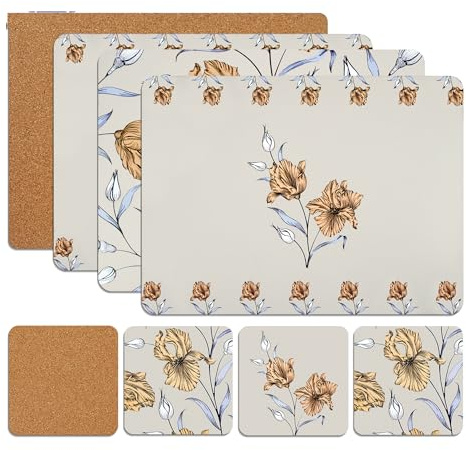 Placemats & Coasters Heat Resistant Dining Mats Set of 8 (FG) | Heat Resistant Cork Placemats And Coasters Set Of 8 For Dining Tables, Kitchens And Christmas Decor & Practical (21.5 x 29cm)