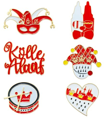 6 Stück Karneval Anstecker Set, Rot Weiß Lustige Fasching Anstecker für Kölner Karneval, Mottoparty & Festivals, Wiederverwendbare Metall Pins für Kostüm & Accessoires