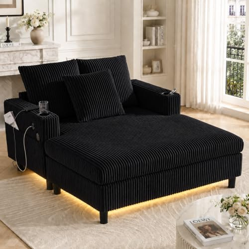 ZIDEY Chaiselongue Schlafsofa, Sofa mit LED & USB-C-Port & 2 Kissen & Getränkehaltern, Bettsofa, Für Wohnzimmer & Schlafzimmer, Schwarz