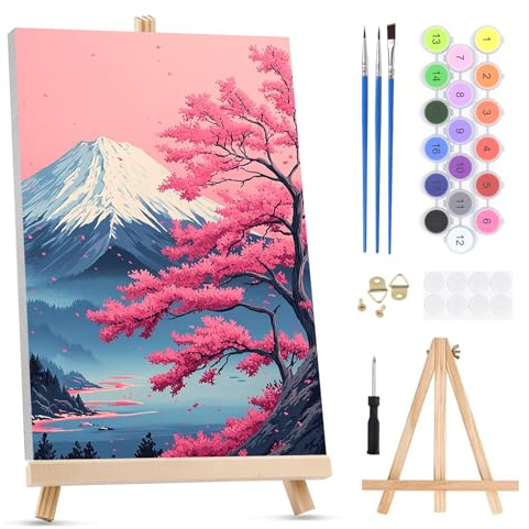 QENSPE Peinture par Numéros pour Adultes sur Toile Encadrée - avec Chevalet, Mont Fuji Paint by Numbers Kit, Fleurs de Cerisier Peinture à l'huile Acrylique pour Décoration Murale Maison (20x30 cm)