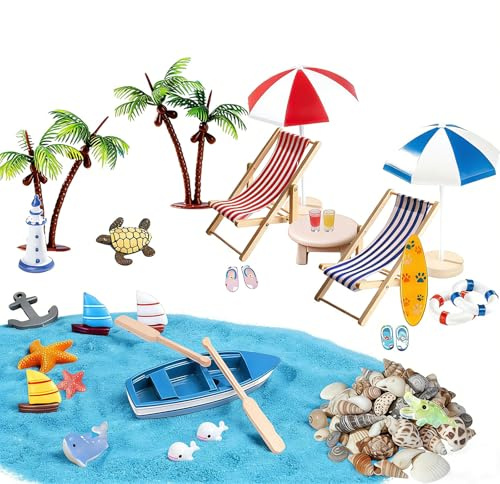 34 Stück Miniatur Deko Strand-Mikrolandschaft Miniatur Zubehör Set Mini Strand Deko mit Liegestuhl, Sonnenschirm, Palme & Segelboot, für DIY Zen Garten, Terrarium, Geldgeschenk & SommerDeko