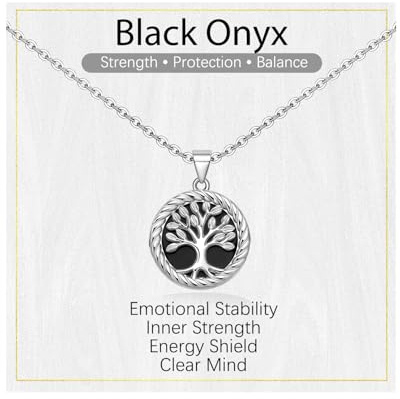 J.Endéar Black Onyx & Mother of Pearl Tree of Life Necklace for Women 925 Sterling Silver Hypoallergenic Natural Gemstone Cable Chain, Adjustable 40+5cm with Quote Card and Gift Box