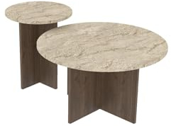 Hanah Home Modern Coffee Table Set (2 Pieces), Travertine & Walnut, Big: 70x40x70 cm, Small: 40x47x40 cm | 100% Melamine Coated Chipboard | Stylish & Functional Design