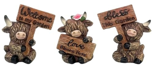 Copbopwn 3Pcs Lovely Highland Cows Garden Ornaments Outdoor Resin Highland Cow Figurines Yaks Sculptures for Indoor Outdoor Home Office Decor Waterproof Yard Art Highland Cow Gifts for Mum 9CM