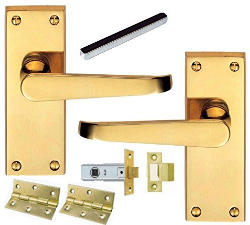 EUROART Pack of 5 Victorian Internal Straight Lever Door Handle - Latch Pack with Hinges (100 x 37 mm) - Polished Brass Perfect Choice for Traditional interiors, Ideal for Home & Office