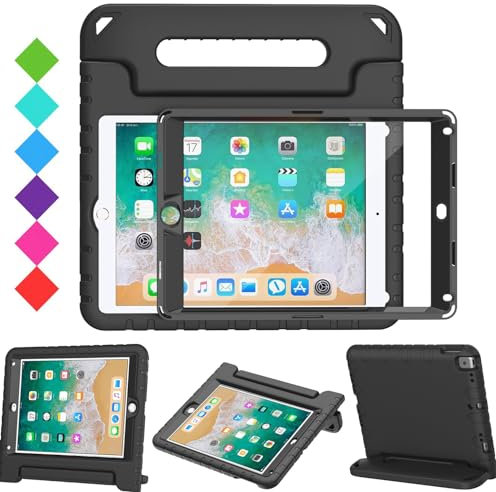 Surom Kids Case with Screen Protector for iPad 9.7 Inch 2018/2017,iPad Air 2, Shockproof Convertible Handle Stand Kids Case for iPad 9.7 2017/2018 (iPad 5th and 6th Generation),iPad Air 2, Black