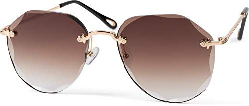 styleBREAKER Damen Piloten Sonnenbrille Rahmenlos mit getönten Gläsern im Diamant Schliff, Geprägte Bügel, Vieleckige Gläser 09020106, Farbe:Gestell Gold/Glas Braun Verlauf