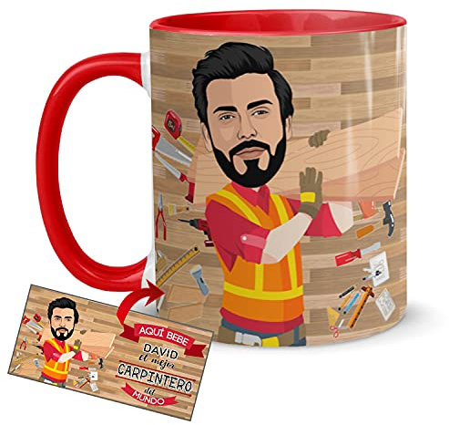 Kembilove Taza Personalizada Caricatura y Nombre – Taza de Café Aquí Bebe el Mejor Carpintero del Mundo – Taza de Desayuno para la Oficina para Profesiones