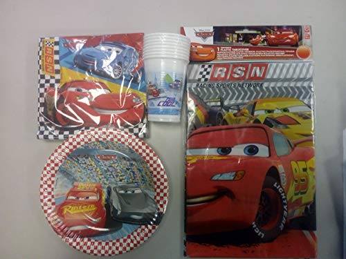 CAPRILO. Lote de Cubiertos Infantiles Cars-Disney (40 Vasos, 40 Platos(20 cm), 40 Servilletas y 2 Manteles) .Vajillas y Juguetes para Fiestas de Cumpleaños, Bodas, Bautizos y Comuniones.