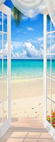 A.Monamour Adesivo Porta Autoadesiva Oceano Blu Spiaggia Vista Mare Dalla Finestra Aperta Paesaggio Naturale Vinile PVC Adesivi per Porte Interne 3D Pellicola Adesiva Poster Sticker Murale