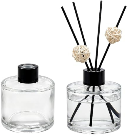 Lot de 2 flacons diffuseurs vides en verre transparent de 50 ml avec bouchon noir rond pour huiles essentielles, parfum