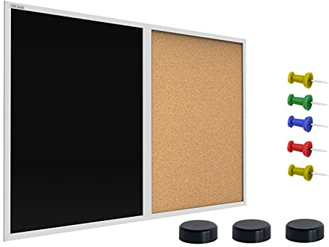 ALLboards Kombitafel 2 in 1 Schwarze Magnetische Kreidetafel & Kork-Pinnwand mit MDF Weiß Rahmen 60x40cm, Korktafel Schwarze