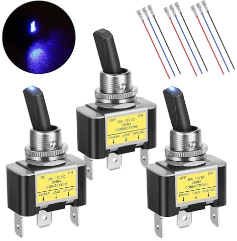 EEEKit Kippschalter mit Beleuchtung, 12V 30A LED beleuchteter Kippschalter SPST 3Pin EIN/AUS Schalter mit Kabel für Auto Boot LKW, 3 Stück