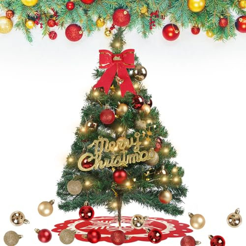 GEDEGOOK Árbol de Navidad Pequeño 60CM, Mini Árbol Artificial Con 29 Adornos y Luces LED, Manualidades Navideñas, Verde