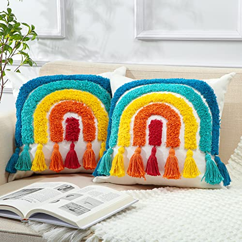 OTOSTAR Regenbogen-Kissenbezüge, 45,7 x 45,7 cm, Boho-Kissenbezüge, gewebt, getuftet, dekorative Kissenbezüge für Couch, Sofa, Schlafzimmer, Wohnzimmer (ohne Kisseneinlage, 2 Stück)