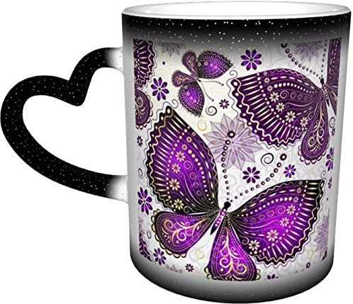 KEROTA Mug à couleur changeante avec motif papillons dorés et violettes - Tasse à café sensible à la chaleur - Cadeau personnalisé pour les parents et les amis