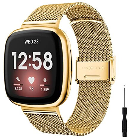 HYKEJI Ersatzarmband Kompatibel mit Fitbit Versa 3 Armband/Fitbit Sense Armband für Damen/Herren, Ersatz Edelstahl Metall Armband für Fitbit Versa 3 Armband/Fitbit Sense (Gold)
