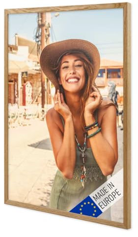 PHOTOLINI Bilderrahmen 40x60 Holz Eiche, 40x60 cm Bilderrahmen Made in EU, Holzrahmen 60x40 mit bruchsicherem Acrylglas, Picture Frame zum Aufhängen mit Zubehör - für Ihre liebsten Fotos & Bilder