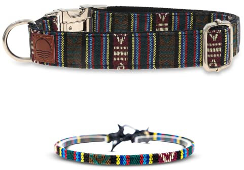 Made by Nami Boho Hundehalsband aus Nylon mit passendem Armband - Versch. Größen kleine & große Hunde - Verstellbar, Atmungsaktiv & Leicht - Premium Hundehalsbänder (XS (22-32 cm), Azteken + Armband)