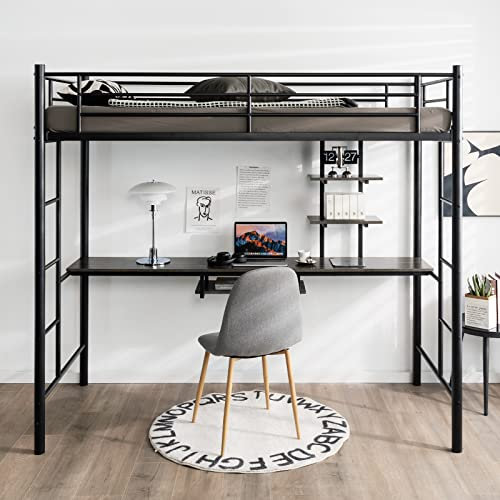 COSTWAY Hochbett mit Schreibtisch, Etagenbett mit 2 Leitern, Stockbett aus Metall, Bettrahmen für Teenager und Erwachsene (Schwarz)