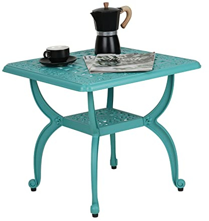 JARDIN DE CENTENNIAL Cast Aluminum Outdoor Side Table,Anti-Rust Outdoor End Table,Patio Coffee Bistro Table for Indoor,Garden,Porch,Balcony(Square Blue)