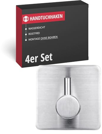 Gedotec Porta asciugamani senza trapano in acciaio inox I Set di 4 ganci per asciugamani autoadesivi I Porta asciugamani bagno e cucina I Ganci per asciugamani senza trapano da incollare I Ganci