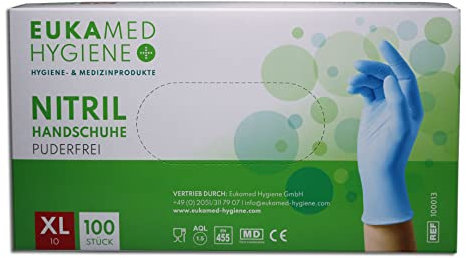 Eukamed Hygiene GmbH Nitril-Handschuhe XL, 100 Stück, puderfrei, latexfrei, hypoallergen, Lebensmittelhandschuhe, medizinische Einweghandschuhe (Pack á 100 Stück)(Größe XL)