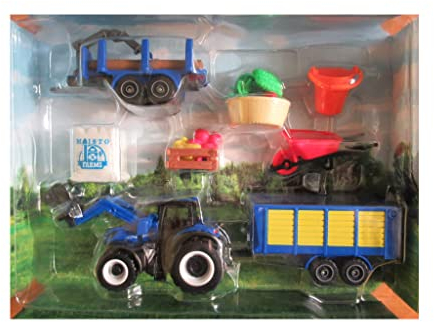 Bauernhof Diecast Traktor NEW HOLLAND blau mit Anhängern und anderem Zubehör - Maßstab 1:64 - Länge 16 cm mit Anhänger