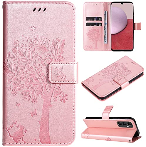 Hancda Hülle für Samsung Galaxy A14 5G/4G Schutzhülle Handyhülle Leder Hülle Klappbar Flip Case Klapphülle Dünn Silikon Cover mit Motiv Kartenfach Handytasche für Samsung Galaxy A14 5G/4G,Rose Gold
