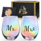 Gutsdoor Mr and Mrs Iridescent Stemless Wine Glasses Set of 2 - 18.5 Oz Rainbow Couples Gift for Engagement, Wedding, Him and Her