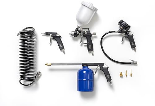 FIAC Kit Accessori per Compressore 8 Pezzi, Inclusi Gonfiagomme con Manometro, Pistola di Soffiaggio, Aerografo, Pistola Lavaggio, Tubo a Spirale 5m, 3 Punte di Gonfiaggio, Max. 8 Bar, Nero