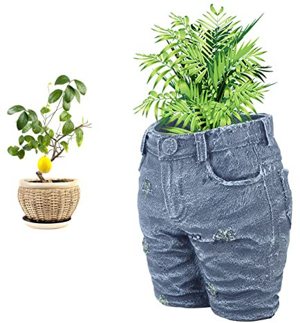 Luqeeg Kreativer Denim-Hosen-Blumentopf, Retro Harz Jeansform Gartenfiguren-Übertopf Ornamenttopf Blumenvasen für Denim-Kleidung Jeans-Übertopf für Zuhause Rasen Hof Garten