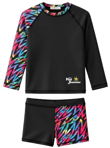 weVSwe Girls Rash Guard UPF 50+ Maillot De Bain De Protection Mermaid Scale Manches Longues Boxer Shorts Swimwear Deux Pièces Noir Arc-en-Ciel 7/9 Ans
